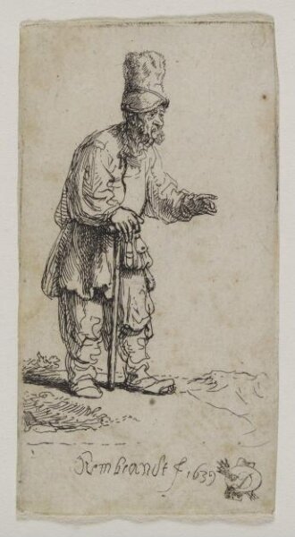 Rembrandt van Rijn, A peasant in a high cap, standing leaning on a stick