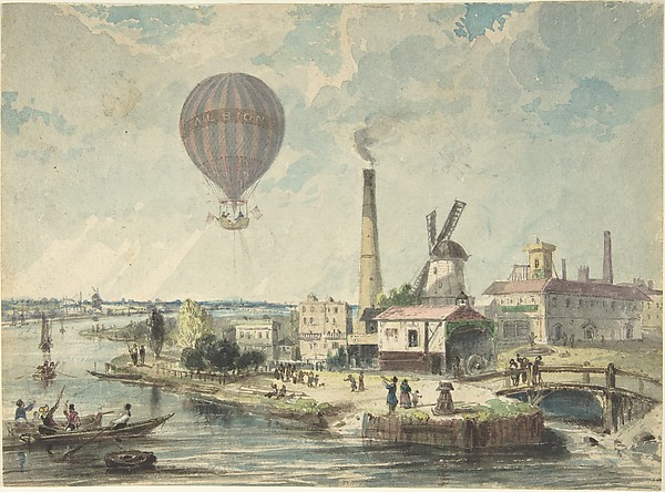 Anonymous, British, 19th century, Mr. Green in the Albion Balloon, Having Ascended from Vauxhall Gardens, August 12, 1842