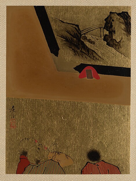 Shibata Zeshin, Three Men Looking at Framed Lacquer Drawing