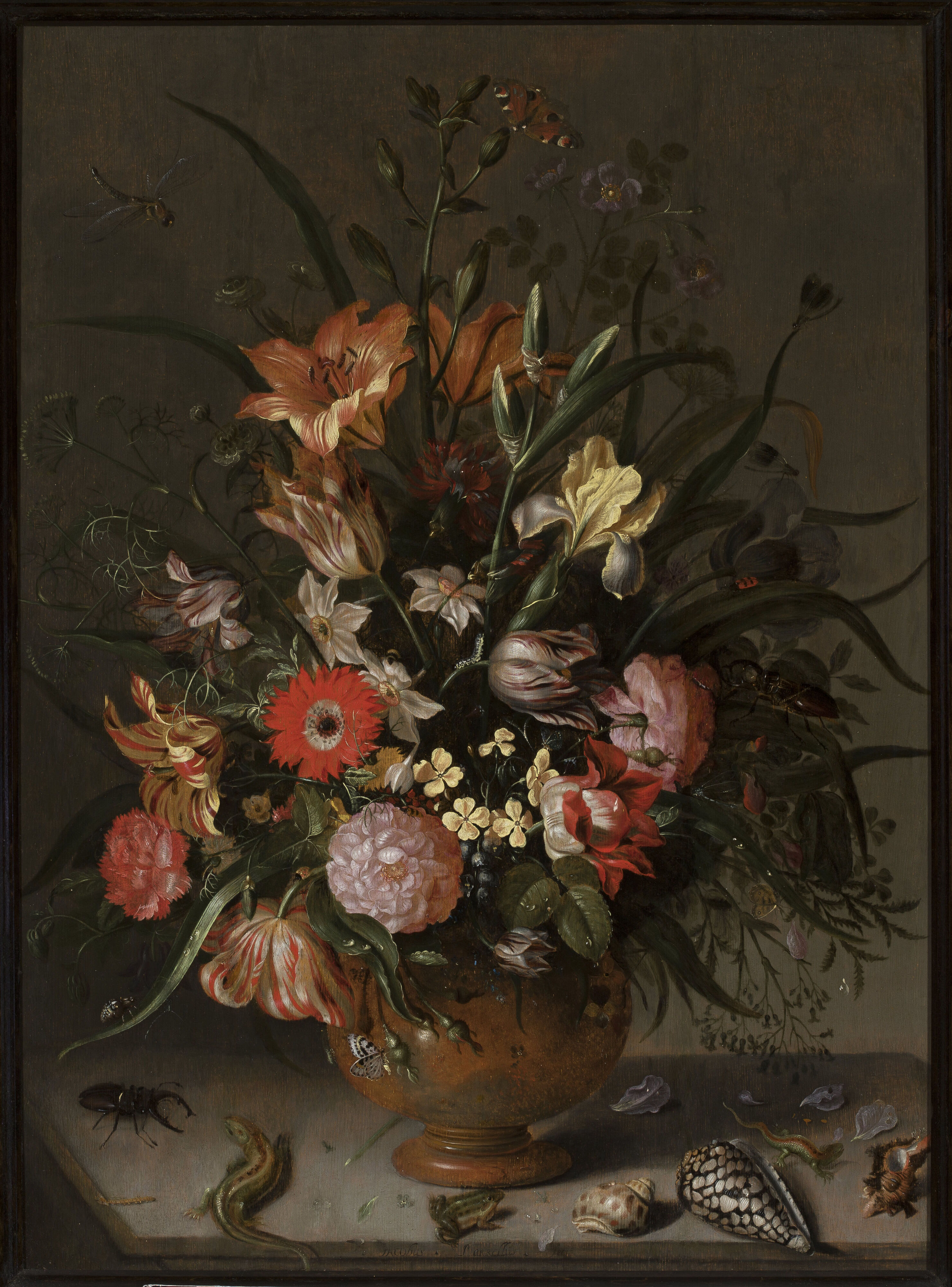 Jacob Marrel, Bouquet of flowers in a vase, insects and tiny creatures