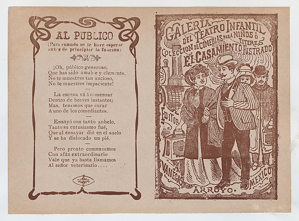 José Guadalupe Posada, Cover for 'El Casamiento Fustrado', a man and woman walking arm in arm, a train in the background
