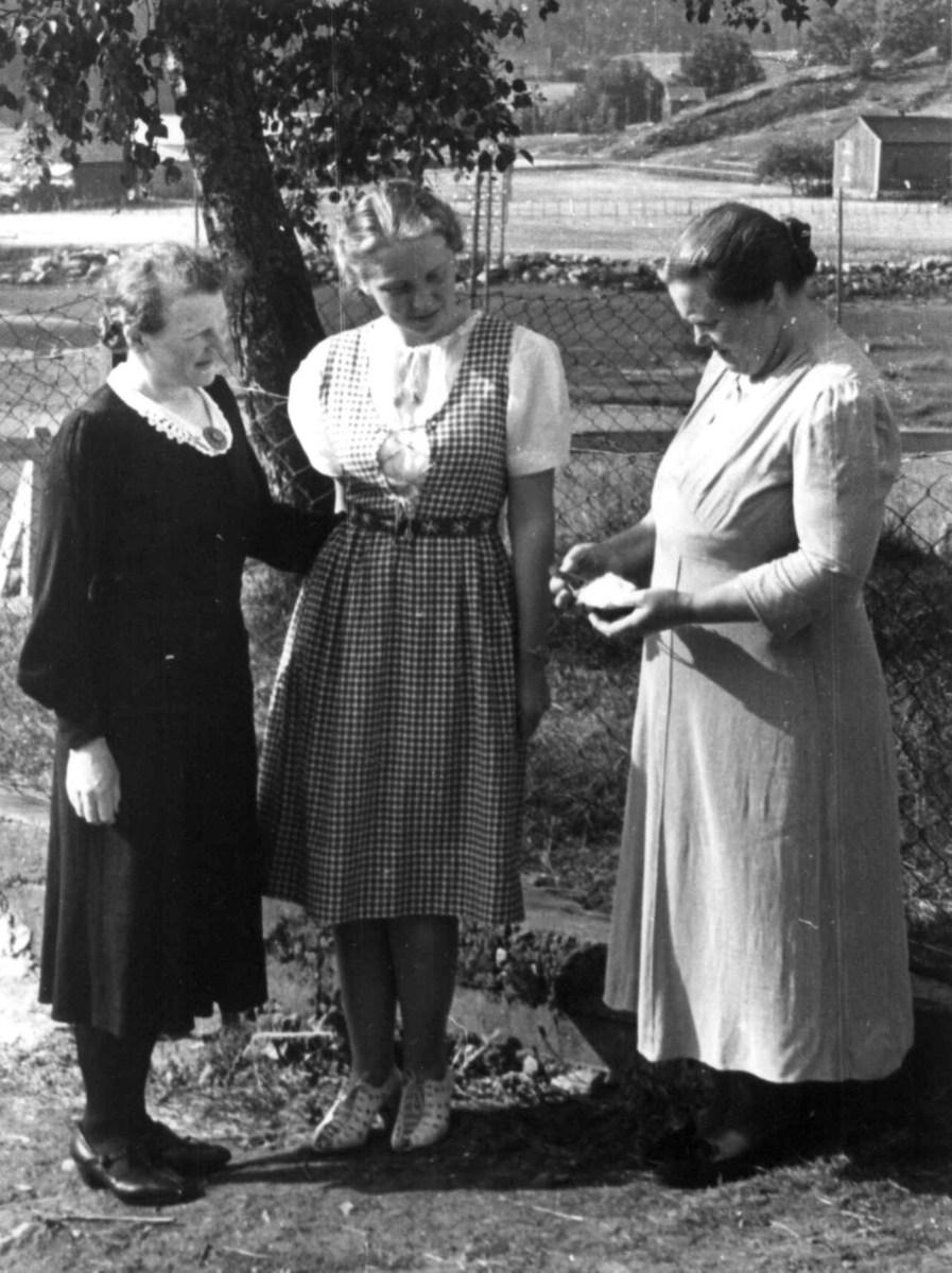 Anna Grostøl, Tre kvinner studerer en gjenstand. Hægeland, Vennesla 1941.