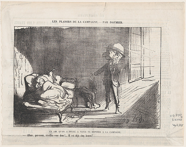 Honoré Daumier, A friend who was invited to relax for a few days in the countryside, from 'The joys of country life,' published in Le Charivari, September 12, 1865