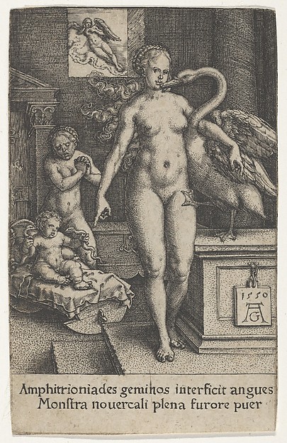 Heinrich Aldegrever, Leda with the Swan and Hercules as a Child, from "The Labors of Hercules"