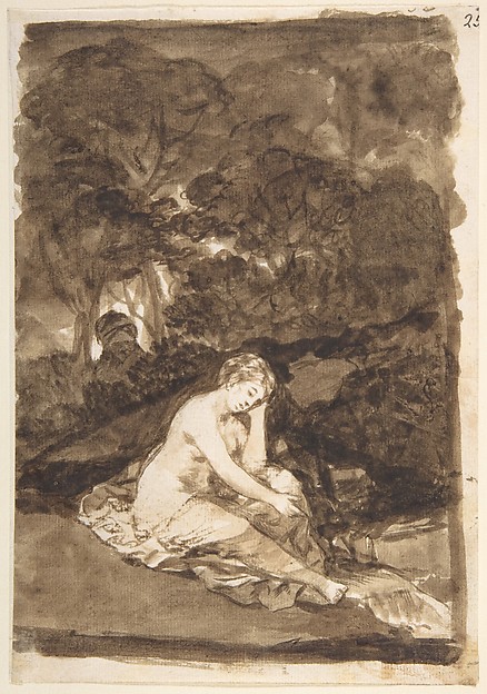 Goya (Francisco de Goya y Lucientes), A partly naked woman seated by a stream; page 32 from the "Images of Spain" Album (F)