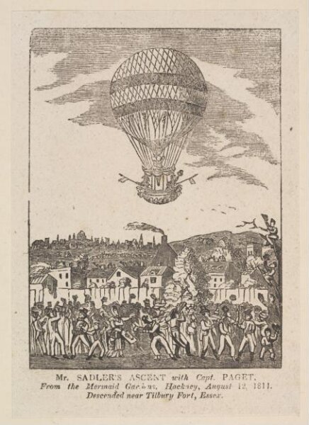 Unknown, Mr. Sadler's Ascent with Capt. Paget. From the Mermaid Gardens, Hackney, August 12, 1811. Descended near Tilbury Fort, Essex.
