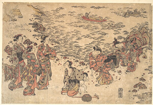 Ishikawa Toyonobu, Women and a Small Boy Gathering Shells on a Beach by the Sea
