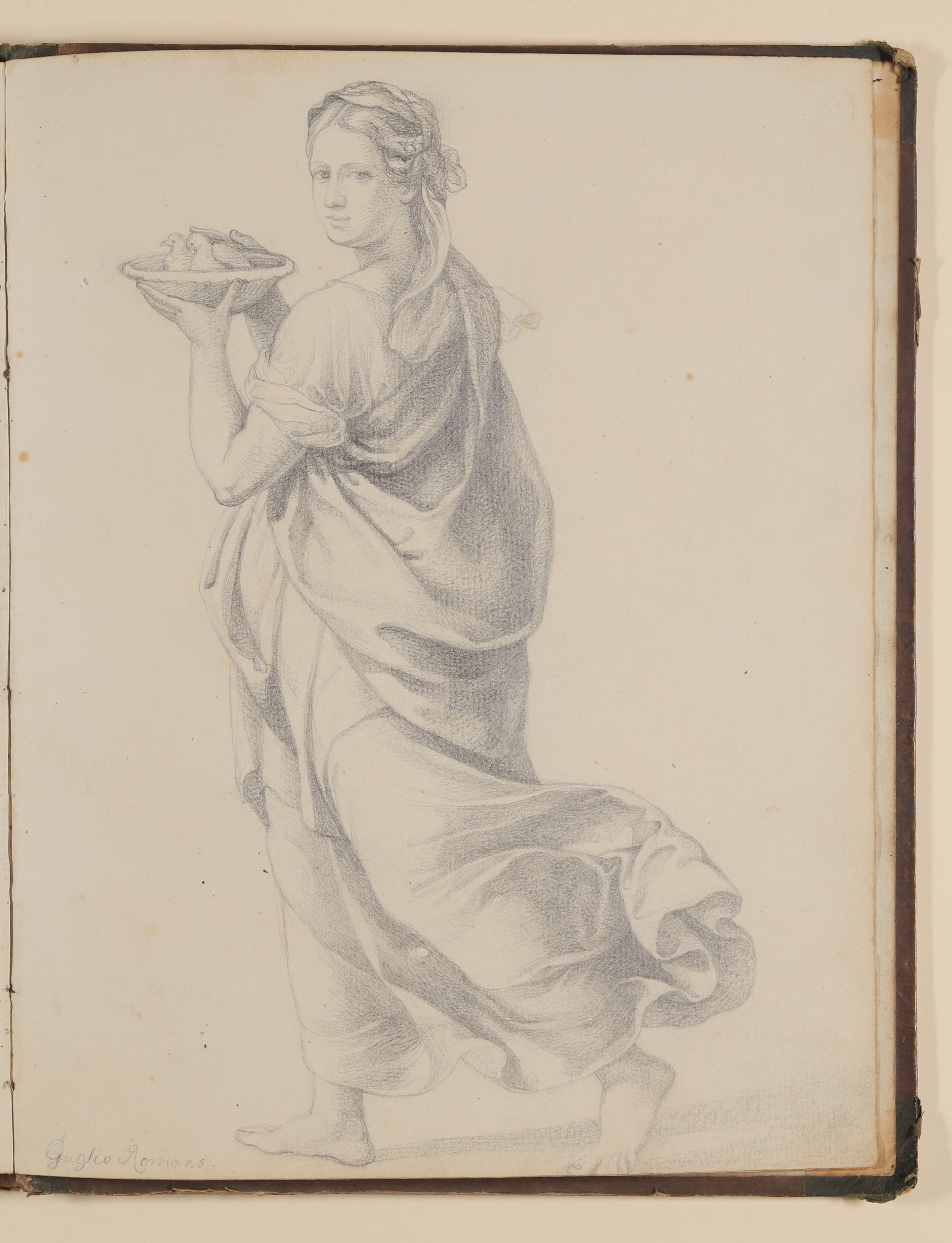 Giulio Romano, Eine Frau, zwei Tauben als Opfergaben darbringend, Kopie nach Giulio Romano [aus einem Skizzenbuch von unbekannter Hand, evtl. des Louis Thomassin]