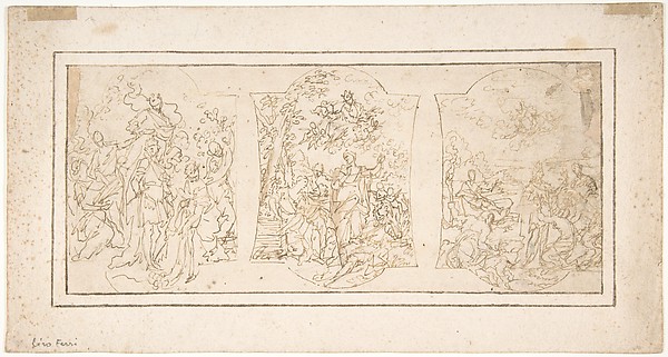 Ciro Ferri, Drawing for Ceiling Decoration Consisting of Three Panels Each Showing a Different Scene with Figures