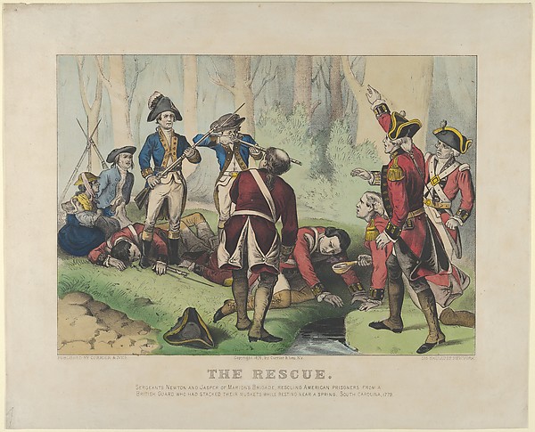 Currier & Ives, The Rescue–Sergeants Newton and Jasper of Marion's Brigade, rescuing American prisoners from a British guard, who had stacked their muskets while resting near a spring, South Carolina, 1779.
