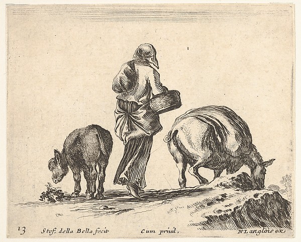 Stefano della Bella, Plate 13: a peasant woman, seen from the back, holding a basket in center, a donkey to left and a horse with a pack on its back to right, from "Diversi Capricci"