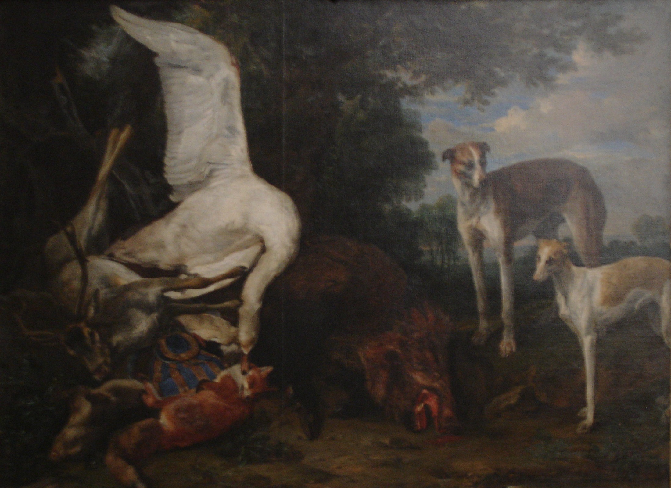 Pieter Boel, Twee honden bij jachtstilleven met hert, zwaan, vos en everzwijn
