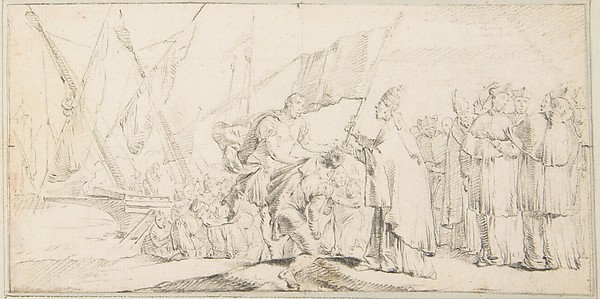 Giovanni Battista Tiepolo, Illustration for a Book:  Pope Handing a Banner to a Crusader, with Ships in the Background