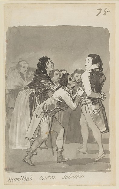 Goya (Francisco de Goya y Lucientes), Humility versus Pride; a young man imploring an older man with other figures in front of them; folio 75 (recto) from the Madrid Album "B"