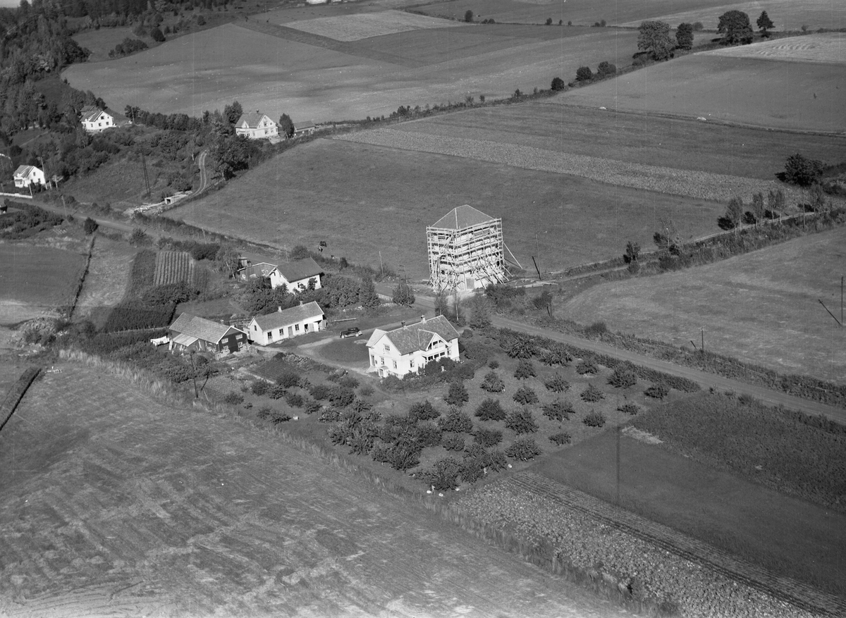 Anno Domkirkeodden, Flyfoto, gardsbruk, Havang, Ringsaker og Nes kraftanlegg, sekundærstasjon, trafo under bygging, Nes, Hedmark.