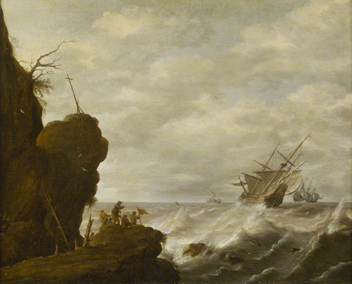 Pieter Mulier the Elder, A Dutch Ship in a Breeze off a Rocky Coast