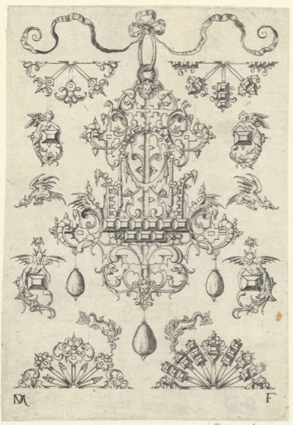Mignot, Daniel, (active 1593-1596), (printmaker), Different ornamental designs: Large pendant surrounded by ten different studs