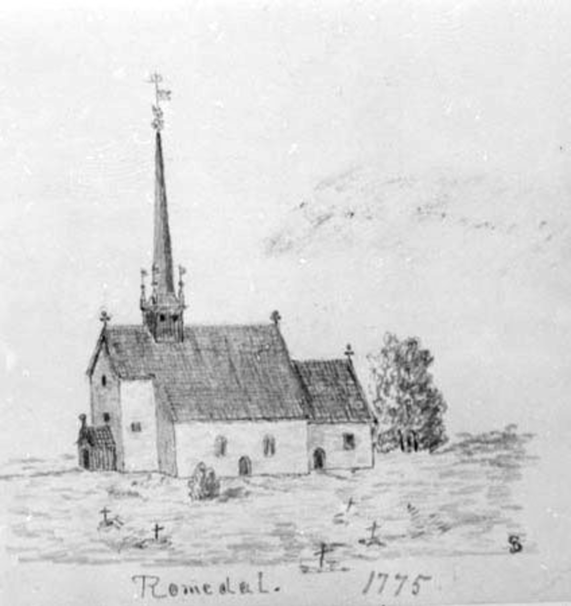 Anno Domkirkeodden, Tegning, Romedal kirke 1775, Gerhard Schønning.