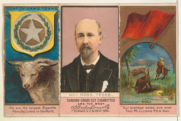 W. Duke, Sons & Co., Governor Ross, Texas, from "Governors, Arms, Etc." series (N133-1), issued by Duke Sons & Co.
