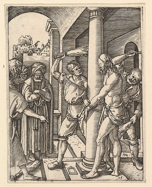 Marcantonio Raimondi, The Flagellation: Pilate stands under archway on left watching two men flagellate figure of Christ tied to column, from "The Passion of Christ", after Dürer