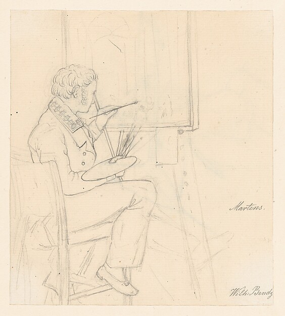 Wilhelm Bendz, Portrait of the Painter Ditlev Martens at Work Behind and Easel; verso: An Artist Sketching