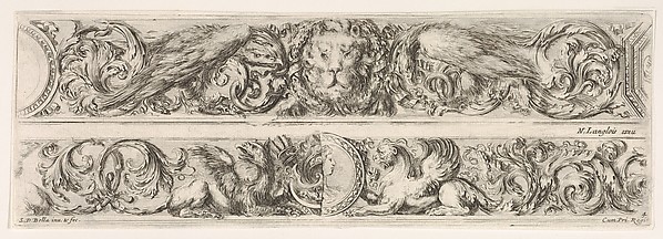 Stefano della Bella, Two Designs for Friezes with Acanthus Scrolls, Each with a Variant, plate 4 from "Decorative friezes and foliage" (Ornamenti di fregi e fogliami)