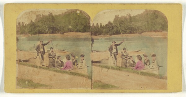 Unknown, [Family in boat along shoreline]