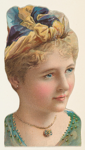 W. Duke, Sons & Co., Actress wearing blue and yellow unstructured hat, from Stars of the Stage, Fourth Series (N132) issued by Duke Sons & Co. to promote Honest Long Cut Tobacco