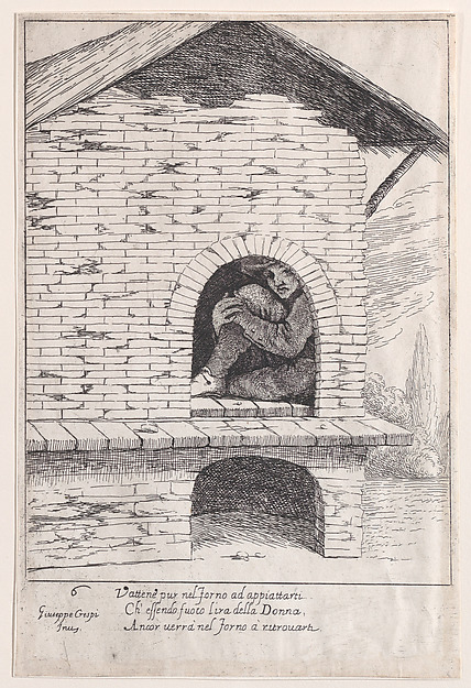 Giuseppe Maria Crespi, Plate 6: Bertoldo hidden in a furnace, from "Bertoldo, Bertoldino, and Cacasenno"