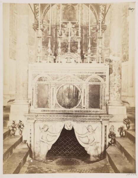 Parker, John Henry, Church and Altar Decoration, S. Cesareo - Altar with Confessio under it, shewing Cosmati Mosaic-work and Sculpture