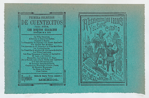 José Guadalupe Posada, Cover for 'Rosendito, Los Leones, y El Sapo', a young boy and man holding walking sticks
