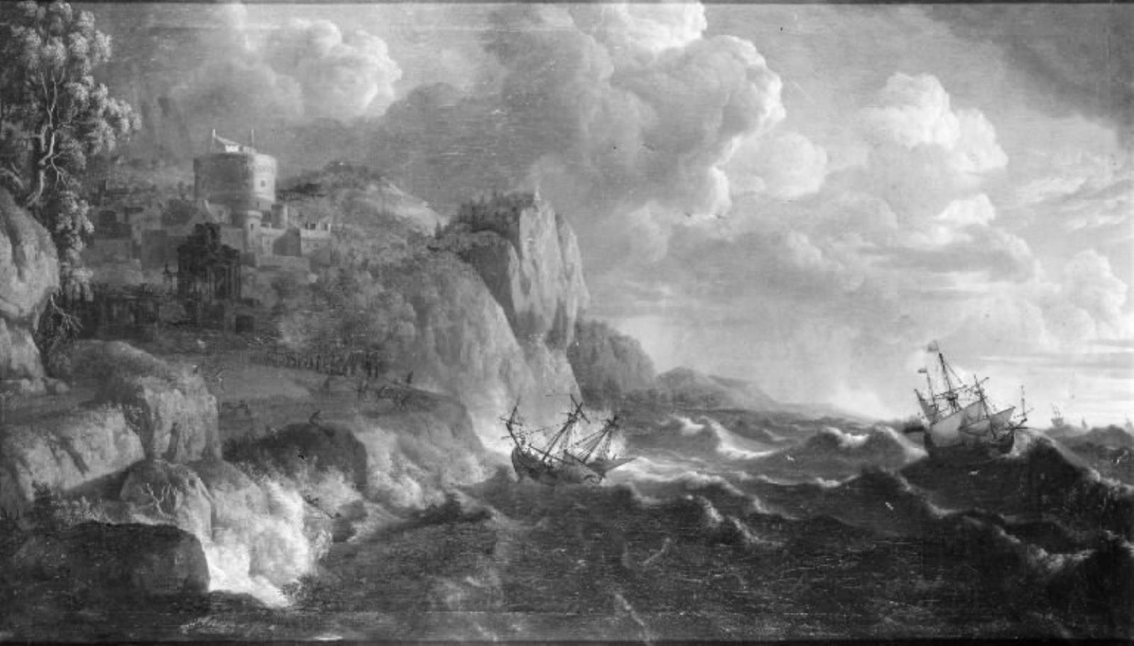 Friedrich Wilhelm Boehme, Klippekyst med oprørt sø og skibe i havsnød