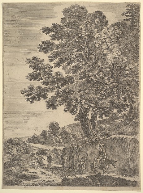 Stefano della Bella, A young woman seated on a donkey wearing a hat, two men follow to left, a large tree above to right, from "Four large landscapes" (Quatre grands paysages en hauteur)