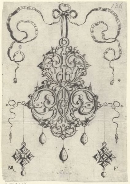 Mignot, Daniel, (active 1593-1596), (printmaker), Strapwork pendants: Strapwork pendant with three drops, lower left and right, as earrings, two pendants in the form of a cross