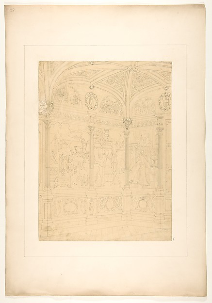 Jules-Edmond-Charles Lachaise, Elevation of the corner of a room decorated with Renaissance-style murals and carved woodwork