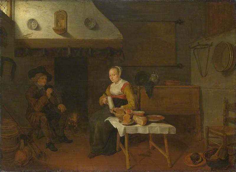 Quirijn van Brekelenkam, An Interior, with a Man and a Woman seated by a Fire