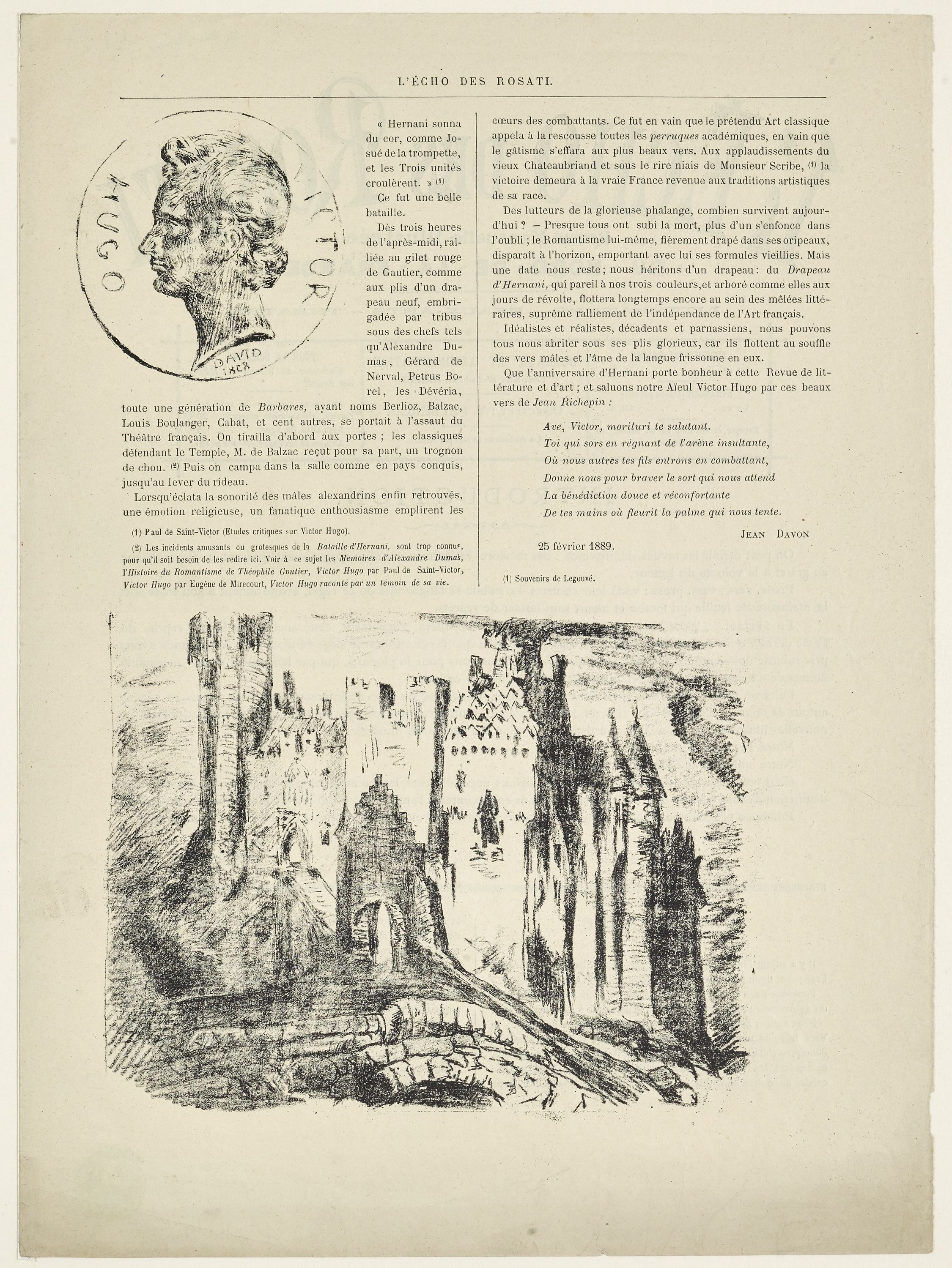 Anonyme, Portrait de Victor Hugo de profil et vue d'un château