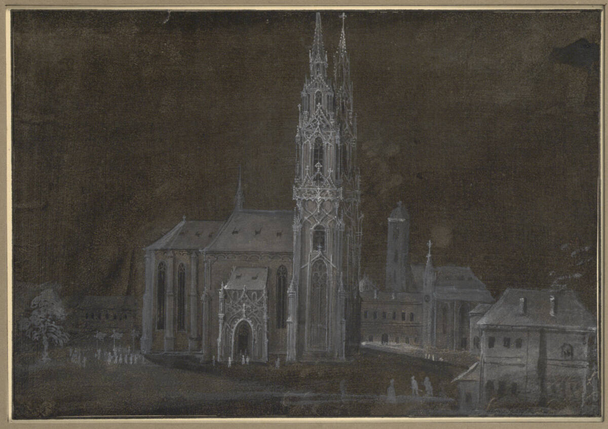 Anonym, Stadtplatz mit gotischem Dom, in den eine Prozession einzieht