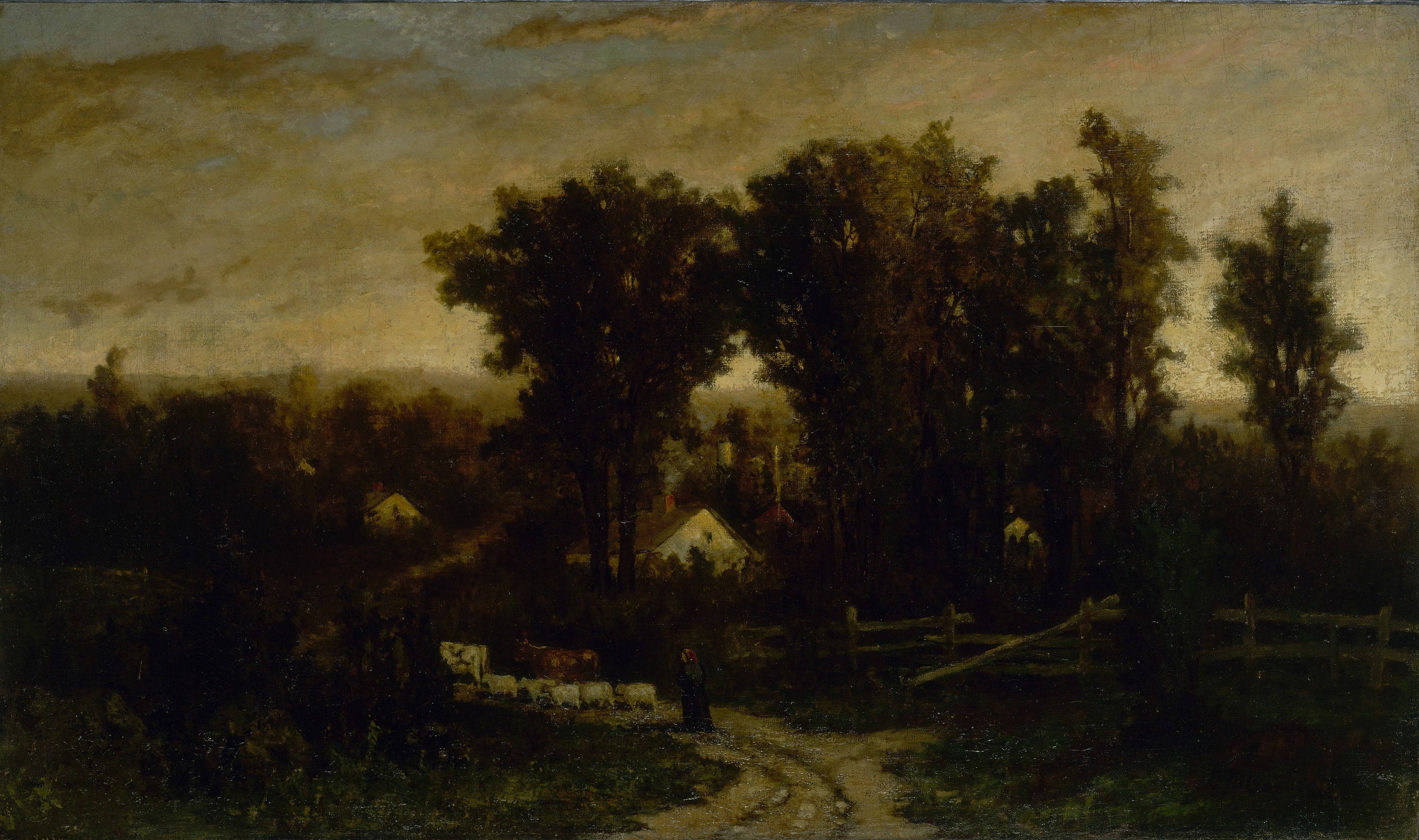 Edward Mitchell Bannister, Untitled (woman with cattle and sheep at dusk)