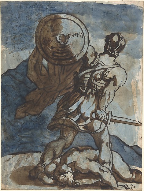 Théodore Géricault, Venus and Cupid in a Landscape, after Annibale Carracci (recto); A Warrior Holding a Shield and Sword, Seen from the Back (verso)