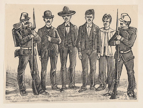 José Guadalupe Posada, Four criminals standing in a line flanked by officers, relating to the impending executions of Luis Izaguirre, Bruno Martinez, Francisco Guerrero, and Alberto Fernandez, who were connected with a theft at La Profesa
