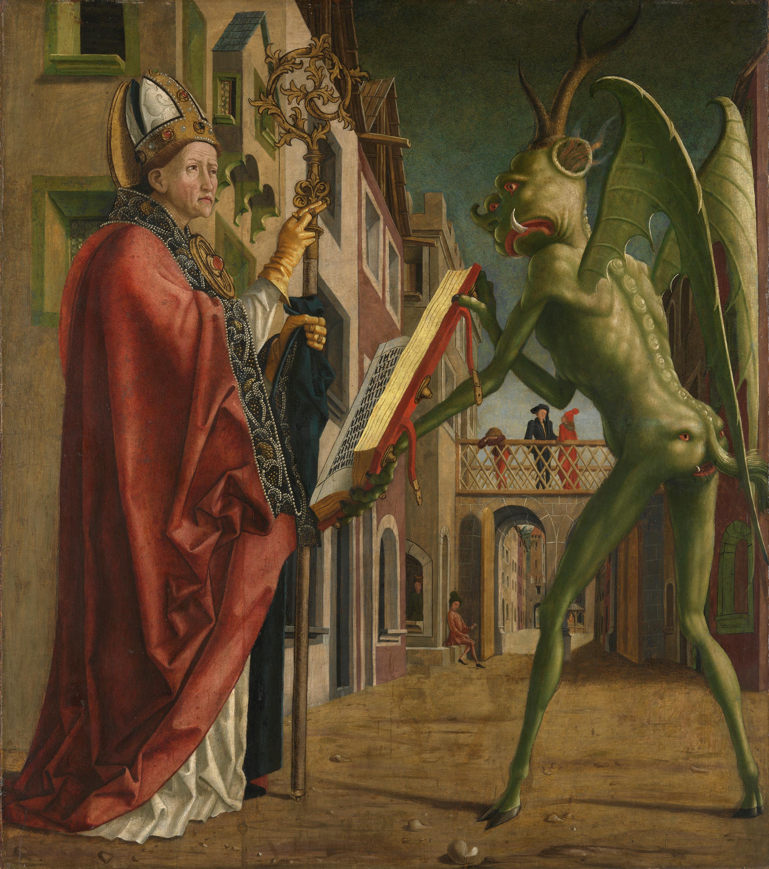 Michael Pacher, Kirchenväteraltar, Flügelaußenseite: Der Teufel weist dem hl. Augustinus das Buch der Laster vor
