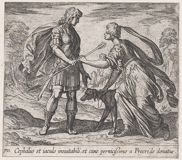 Antonio Tempesta, Pltae 70: Procris Giving Cephalus a Dog and a Javelin (Cephalus et iaculo inevitabili, et cane pernicißimo a Procride donatur), from Ovid's 'Metamorphoses'