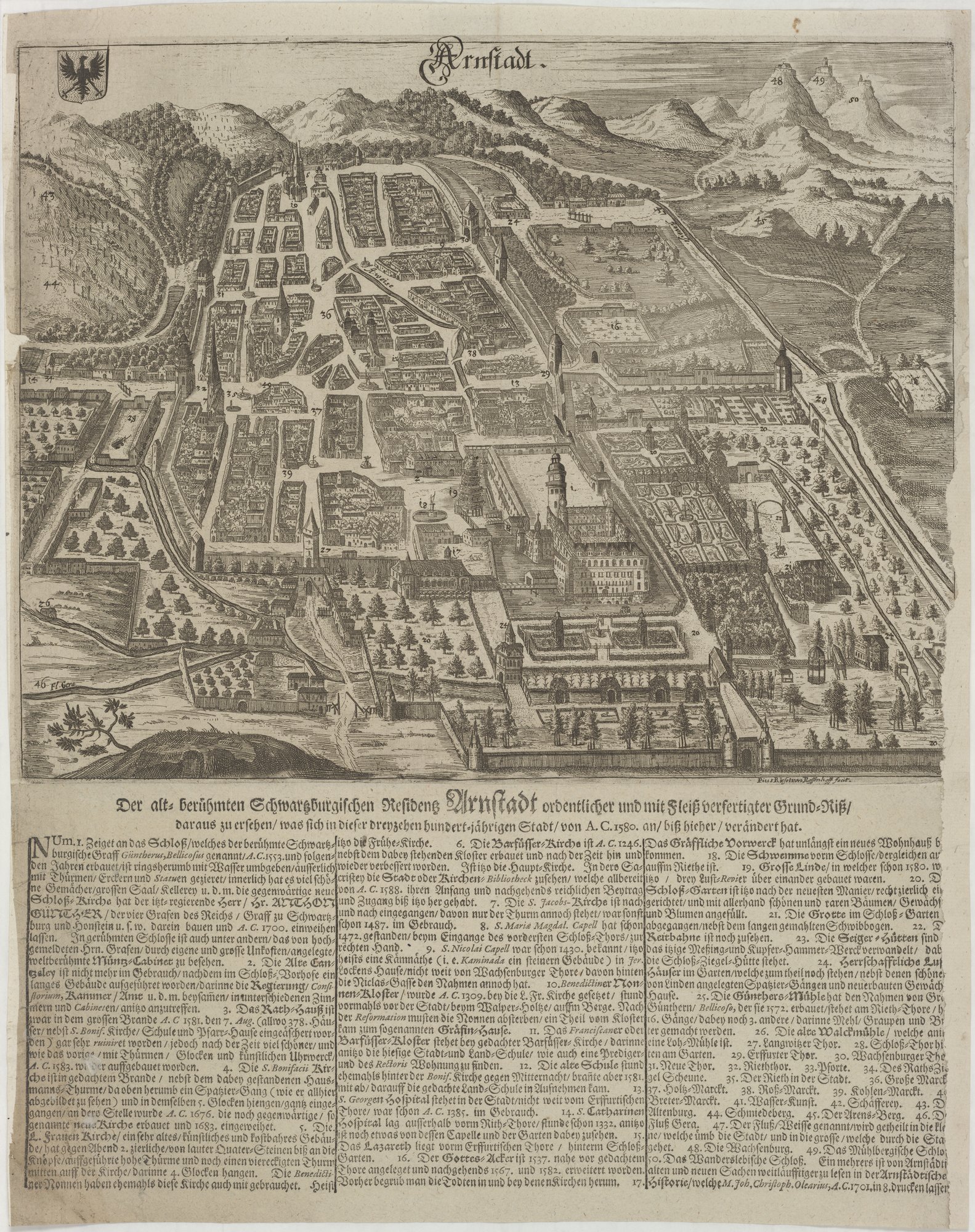 Pius von Rösel, Der alt= berühmten Schwarzburgischen Residentz Arnstadt ordentlicher und mit Fleiß verfertigter Grund=Riß// daraus zu ersehen/ was sich in dieser dreyzehen hundert=jaerigen Stadt/ von A. C. 1580 an/ biß hierher/ veraendert hat.