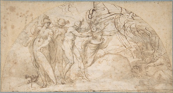 Annibale Carracci, Perseus Beheading Medusa (recto); Studies of a Child and Ornament Sketches (verso)