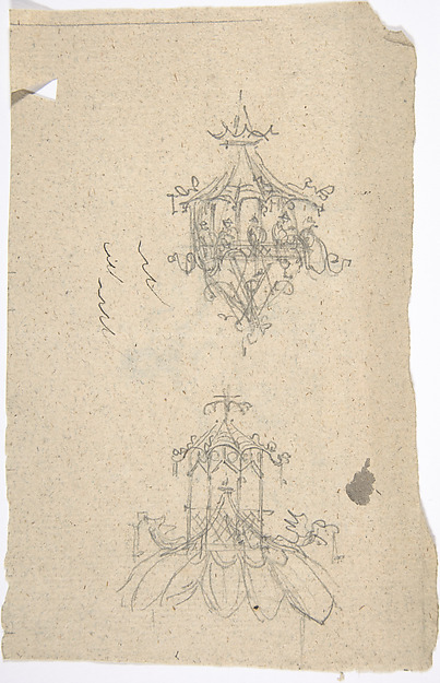 Anonymous, French, 18th century, Two Designs for Chinese Lanterns (recto); Design for a Neoclassical Tomb or Monument with Sphinxes (verso)