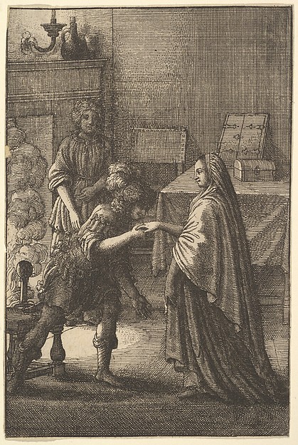 Wenceslaus Hollar, The soldier kissing the woman's hand (from John Ogilby, "Aesopics or a Second Colllection of Fables," 1668)