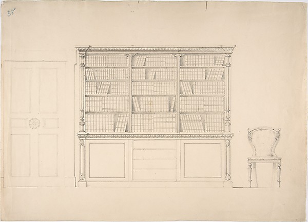 Anonymous, British, 19th century, Design for a Large Bookcabinet, with a Door at Left and a Chair at Right