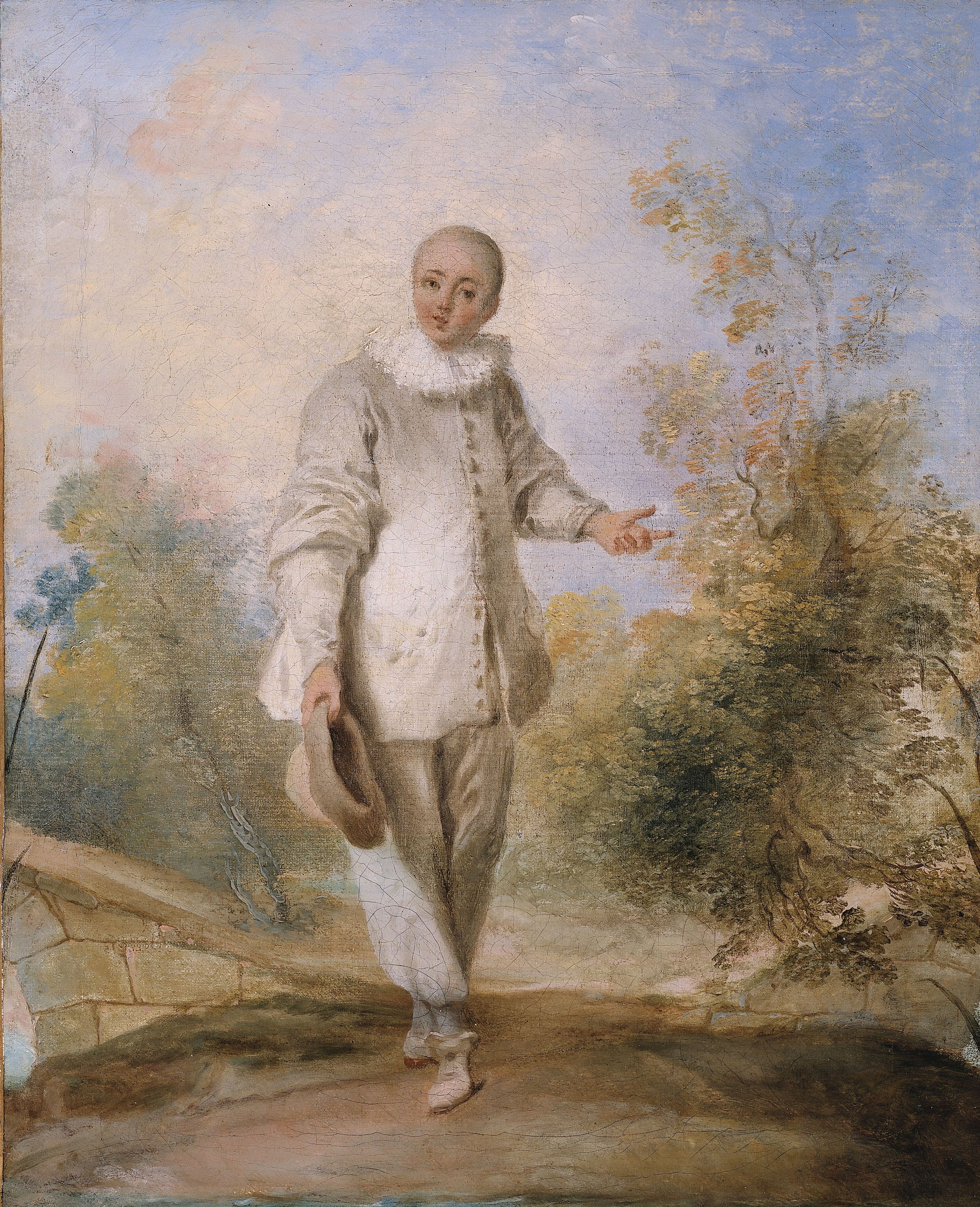Ecole française, Pierrot debout, dans un paysage