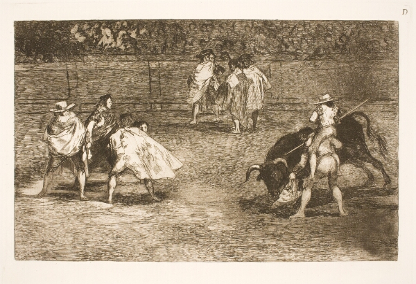 Francisco de Goya, En tyrefægter, siddende på skuldrene af en hjælper, stanger en tyr